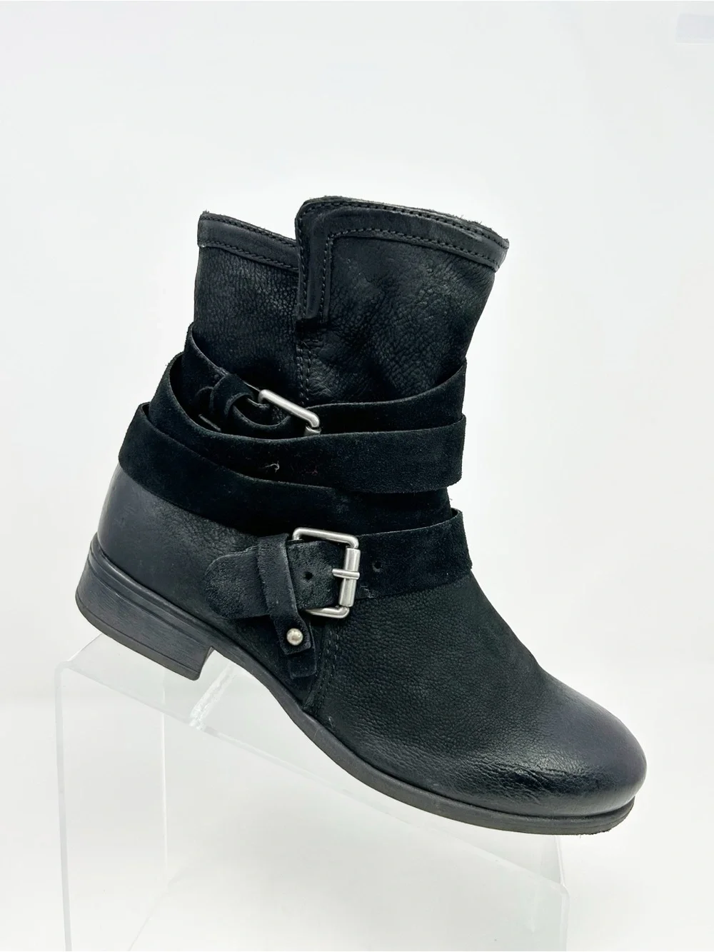 Miz Mooz Shane Womens Ankle Moto Bootie Black Side Zip Buckle Straps Size 39
